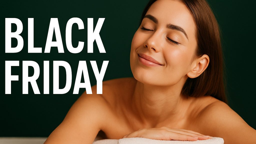 Kobieta relaksuje się podczas profesjonalnego masażu w Holistycznym Centrum Zdrowia ERCGAMMA w Krakowie; spokojne, ciemnozielone tło i delikatne światło podkreślają atmosferę premium oraz ofertę Black Friday.